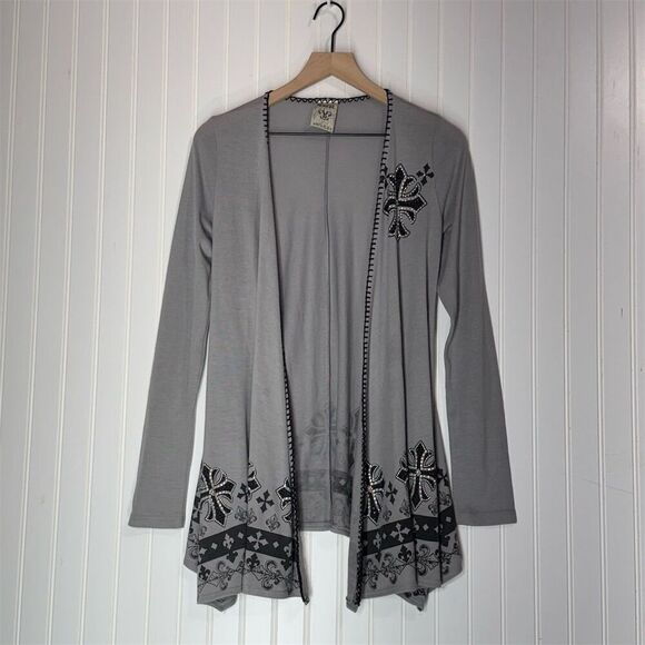 Vocal Gray Embellished Cross Cardigan L – Rhinestones, Gothic Western USA Made - Picture 1 of 8